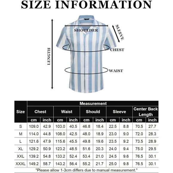 Men's Blue Thick Stripe Casual Short Sleeve Button Down Textured Beach Shirts