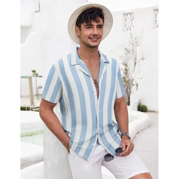 Men's Blue Thick Stripe Casual Short Sleeve Button Down Textured Beach Shirts