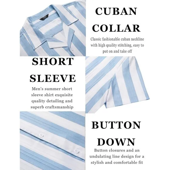 Men's Blue Thick Stripe Casual Short Sleeve Button Down Textured Beach Shirts