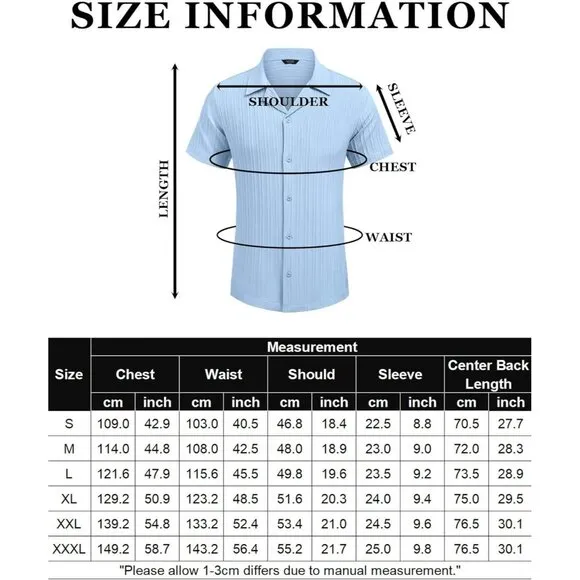 Men's Clear Blue Casual Short Sleeve Button Down Textured Beach Shirts