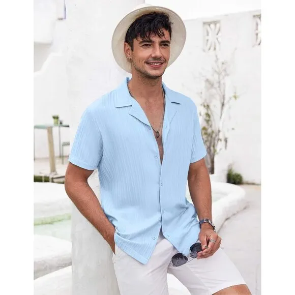 Men's Clear Blue Casual Short Sleeve Button Down Textured Beach Shirts