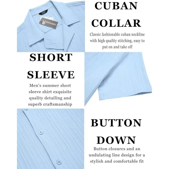 Men's Clear Blue Casual Short Sleeve Button Down Textured Beach Shirts