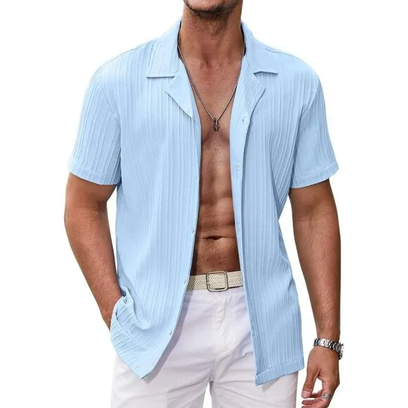 Men's Clear Blue Casual Short Sleeve Button Down Textured Beach Shirts