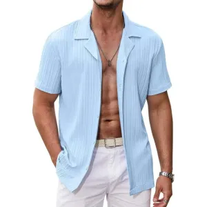 Men's Clear Blue Casual Short Sleeve Button Down Textured Beach Shirts