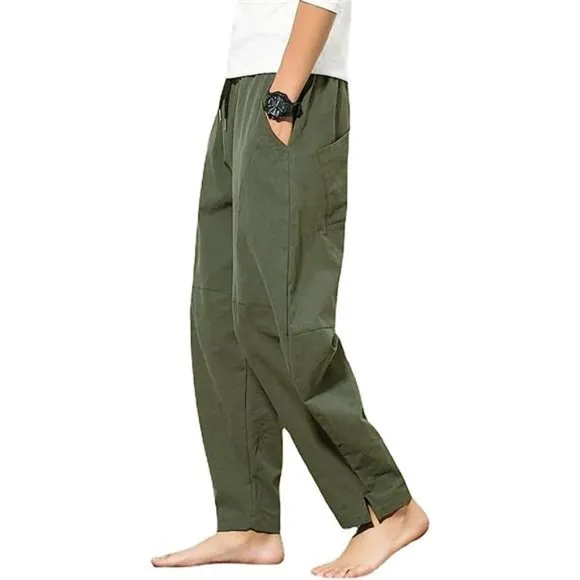 Men's Cotton Linen Pants, Elastic Waist Loose Fit Drawstring Trouser, Olive
