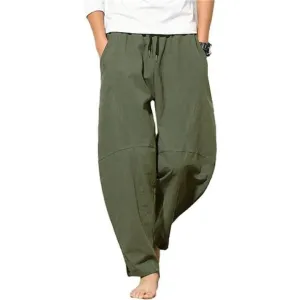 Men's Cotton Linen Pants, Elastic Waist Loose Fit Drawstring Trouser, Olive