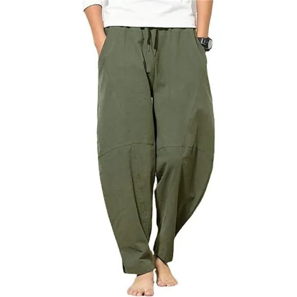 Men's Cotton Linen Pants, Elastic Waist Loose Fit Drawstring Trouser, Olive
