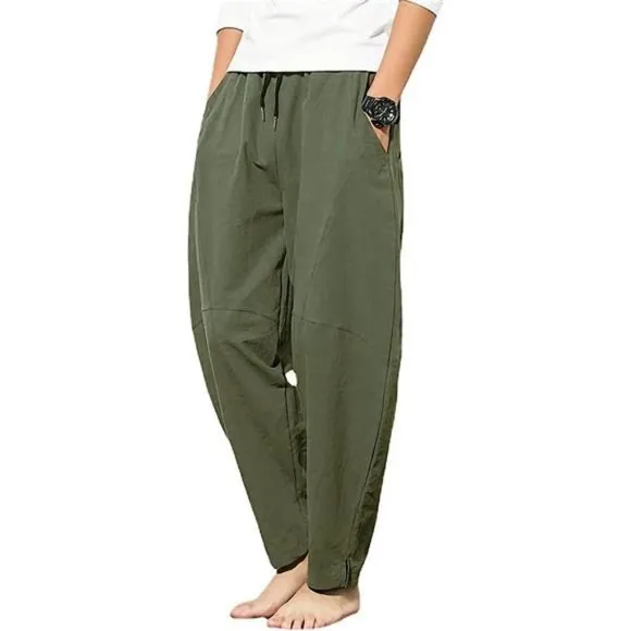 Men's Cotton Linen Pants, Elastic Waist Loose Fit Drawstring Trouser, Olive