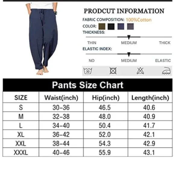 Men's Cotton Linen Pants, Loose Fit Drawstring Pants, Black