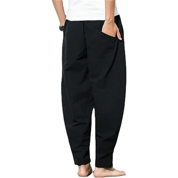 Men's Cotton Linen Pants, Loose Fit Drawstring Pants, Black