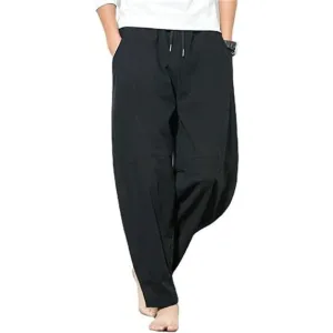 Men's Cotton Linen Pants, Loose Fit Drawstring Pants, Black