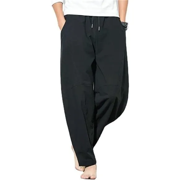 Men's Cotton Linen Pants, Loose Fit Drawstring Pants, Black