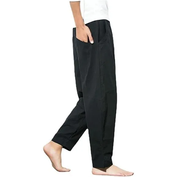 Men's Cotton Linen Pants, Loose Fit Drawstring Pants, Black