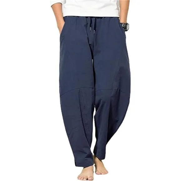 Men's Cotton Linen Pants, Loose Fit Drawstring Summer Beach Pants for Men - Blue