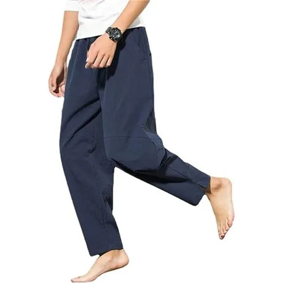 Men's Cotton Linen Pants, Loose Fit Drawstring Summer Beach Pants for Men - Blue