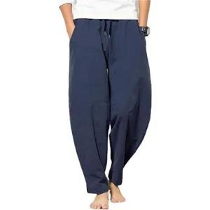 Men's Cotton Linen Pants, Loose Fit Drawstring Summer Beach Pants for Men - Blue