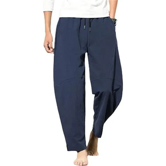 Men's Cotton Linen Pants, Loose Fit Drawstring Summer Beach Pants for Men - Blue