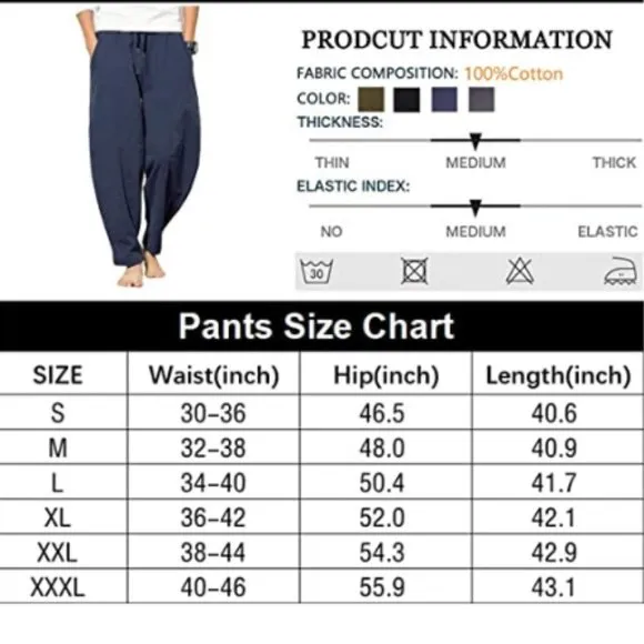 Men's Cotton Linen Pants, Loose Fit Drawstring Summer Beach Pants for Men - Blue