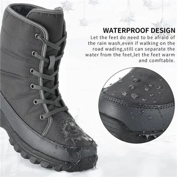 Men's Lace-up Warm and Waterproof Winter Snow Boots and Non-Slip Gray