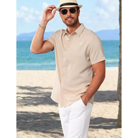 Men's Light Khaki Linen Short Sleeve Button Down Casual Shirt Business