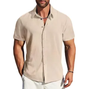 Men's Light Khaki Linen Short Sleeve Button Down Casual Shirt Business