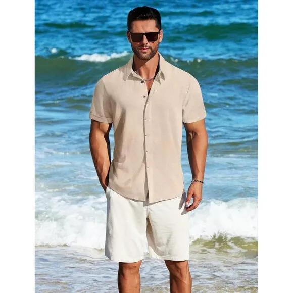 Men's Light Khaki Linen Short Sleeve Button Down Casual Shirt Business