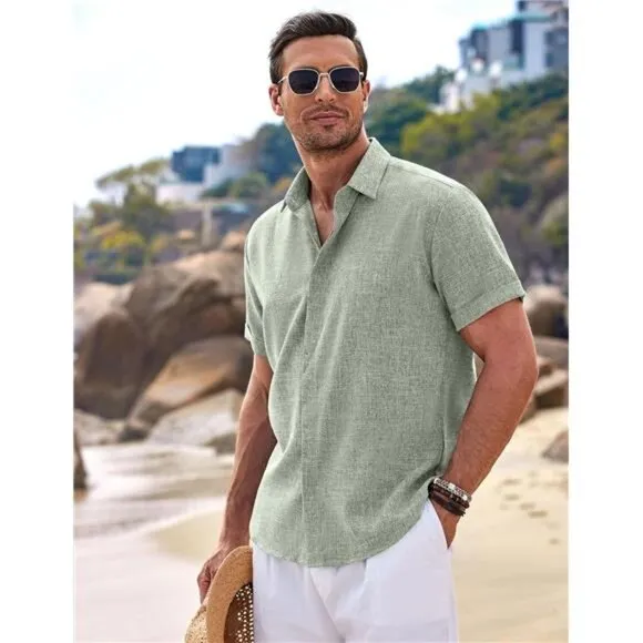 Men's Linen Shirts Short Sleeve Casual Shirts Button Down Shirt for Summer
