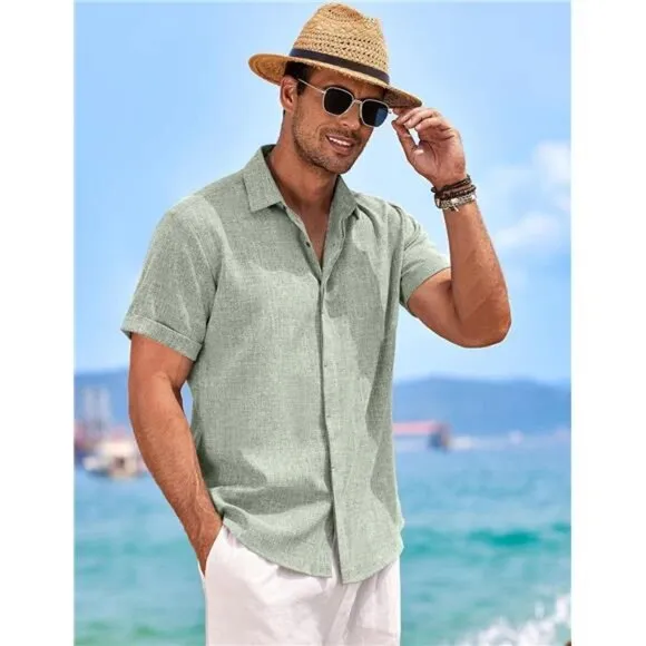 Men's Linen Shirts Short Sleeve Casual Shirts Button Down Shirt for Summer