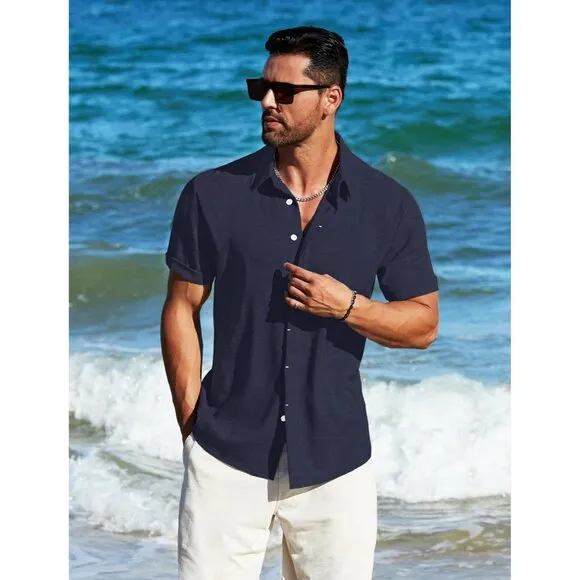 Men's Navy Blue Linen Short Sleeve Button Down Casual Shirt Business