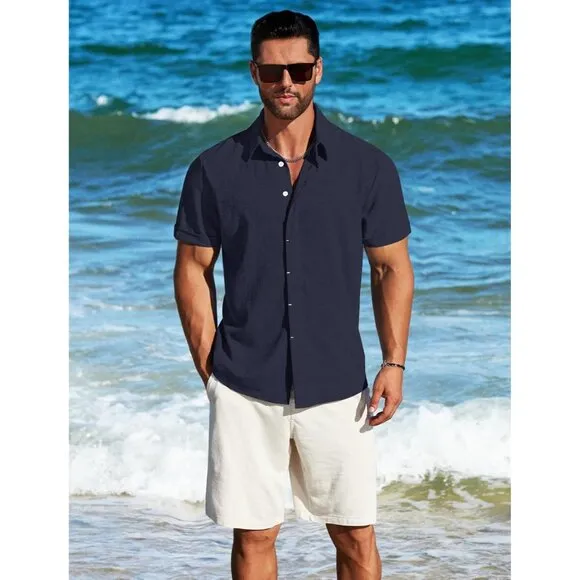 Men's Navy Blue Linen Short Sleeve Button Down Casual Shirt Business