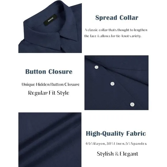 Men's Navy Blue Linen Short Sleeve Button Down Casual Shirt Business