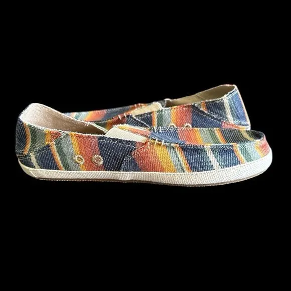 Men’s Sanuk Multi Colored Striped Soft Top Funk Slip On Canvas Shoes Size 9  NWT