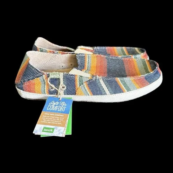 Men’s Sanuk Multi Colored Striped Soft Top Funk Slip On Canvas Shoes Size 9  NWT