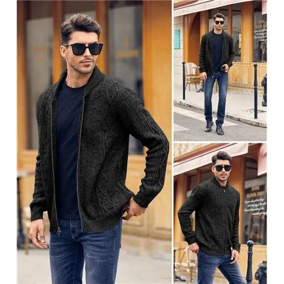 Men's Shawl Neck Cardigan Sweater with Pockets Winter Jacket, Black