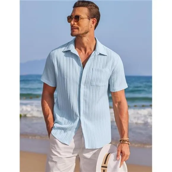 Mens Shirts Short Sleeve Button Down Blue