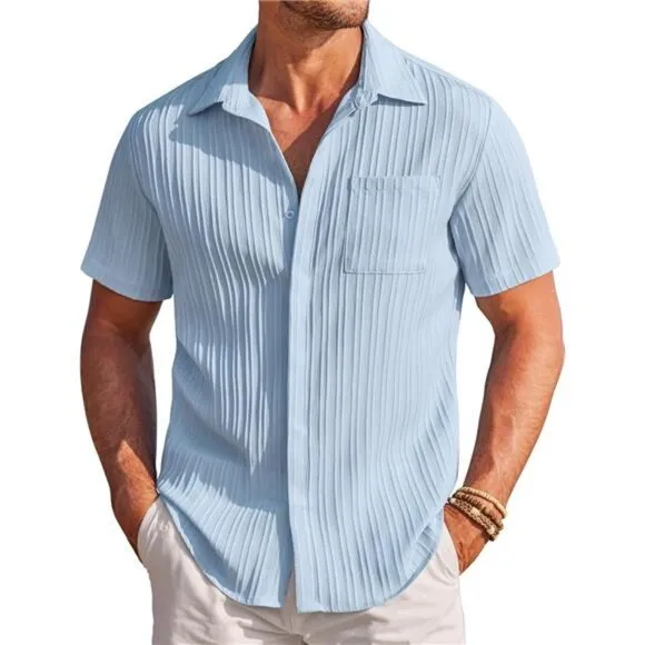 Mens Shirts Short Sleeve Button Down Blue