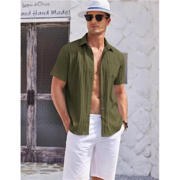 Mens Shirts Short Sleeve Button Down Green
