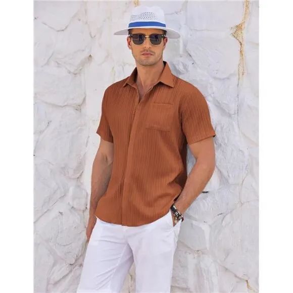 Mens Shirts Short Sleeve Button Down Orange Brown