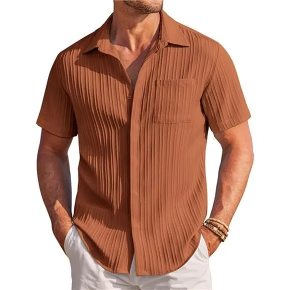 Mens Shirts Short Sleeve Button Down Orange Brown