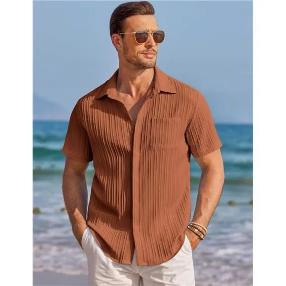 Mens Shirts Short Sleeve Button Down Orange Brown