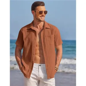 Mens Shirts Short Sleeve Button Down Orange Brown