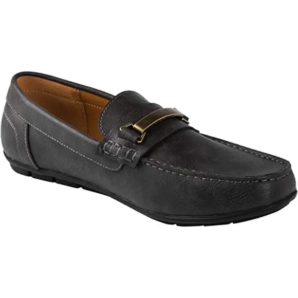 Men’s Slip On Round Toe Dress Shoes Metal Accent Loafer Dark Grey Size 10