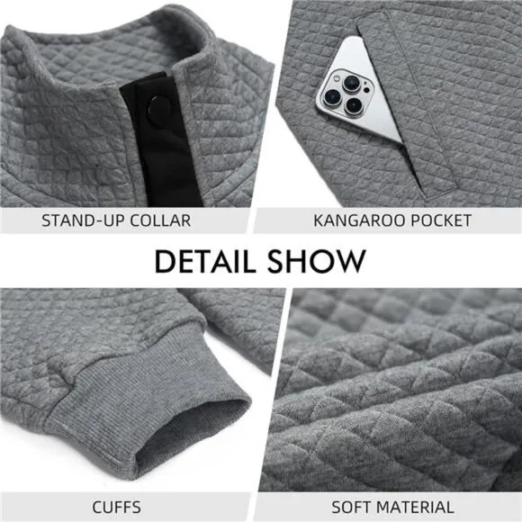 Mens Sweatshirt Fashion Stand Collar Button Pullover Sweatshirts with Pocket