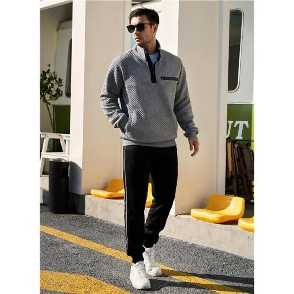 Mens Sweatshirt Fashion Stand Collar Button Pullover Sweatshirts with Pocket