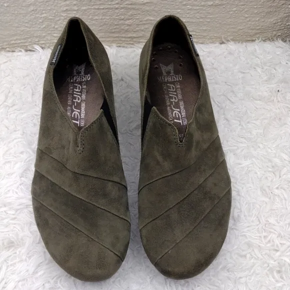 Mephisto Air-Jet Olive Suede Leather Round Toe Low Square Heel Slip On Loafer