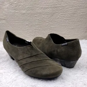Mephisto Air-Jet Olive Suede Leather Round Toe Low Square Heel Slip On Loafer