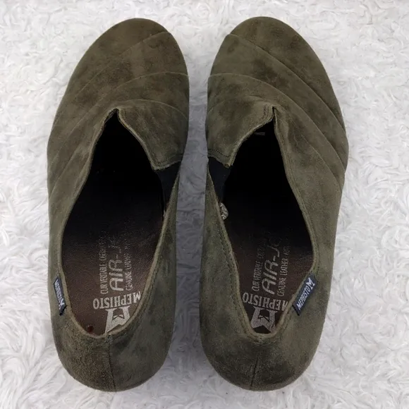 Mephisto Air-Jet Olive Suede Leather Round Toe Low Square Heel Slip On Loafer