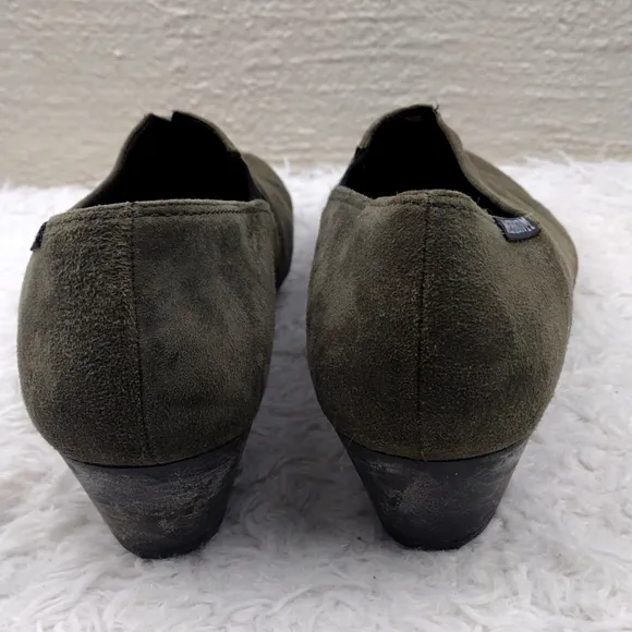 Mephisto Air-Jet Olive Suede Leather Round Toe Low Square Heel Slip On Loafer