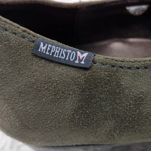 Mephisto Air-Jet Olive Suede Leather Round Toe Low Square Heel Slip On Loafer