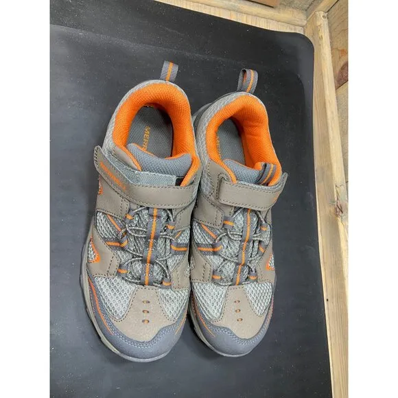 Merrell Boys Size 5 Gray &amp; Orange Hiking Shoes With Hook &amp; Loop &amp; Lace-Up Closur